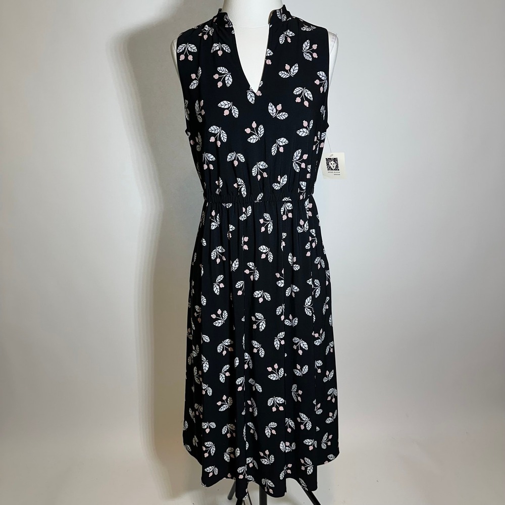 NWT Anne Klein Black Pink Floral Sleeveless Midi Dress Pockets Womens Size 10